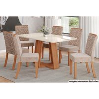 Sala de Jantar Completa Lins c/ Tampo Madeirado c/ Vidro Curvo 160x90cm e 6 Cadeiras Esther Nature/Creme - Henn