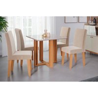 Sala de Jantar Completa Flora c/ Tampo Madeirado c/ Vidro 95x95cm e 4 Cadeiras Milena Savana/Suede Bege - Cimol
