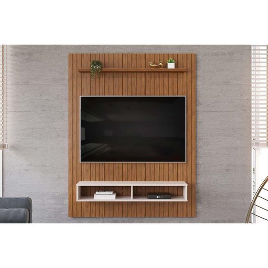 Painel Home p/TV até 55 Polegadas Aston Ripado c/ Prateleira e Nichos 134x168cm Freijó/Off White - DJ Móveis