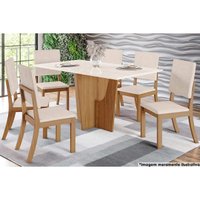 Sala de Jantar Completa Vértice Tampo Madeirado c/ Vidro 160x80cm e 6 Cadeiras Milla Nature/Veludo Light Linho - Henn