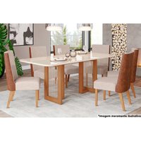 Sala de Jantar Completa Yara c/ Tampo Madeirado c/ Vidro Curvo 200x90cm e 6 Cadeiras Anne Nature/Courano/Linho - Henn