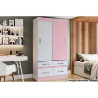 Guarda Roupa Solteiro 2 Portas de Correr e 4 Gavetas Briz BE25 Branco/Rosa - Henn