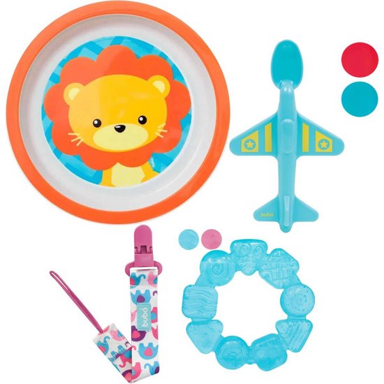 Kit Infantil Pratinho Colher Mordedor e Prendedor de Chupeta Buba Coloridos Itens de Bebê