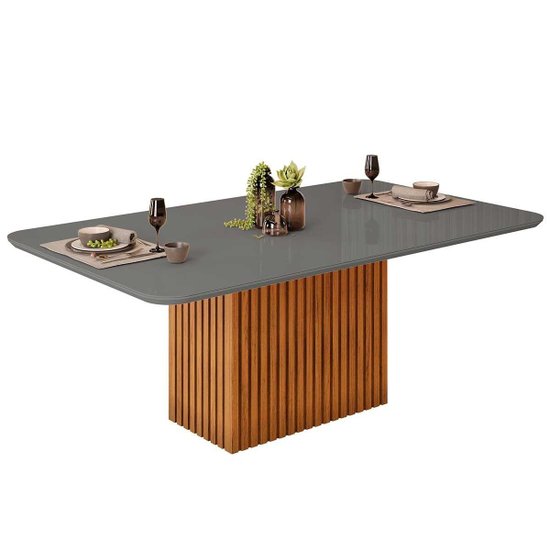 Mesa de Sala Jantar Canes c/Tampo Madeirado Vidro Curvo 200x100cm Freijo/Cinza Urbano - DJ Móveis