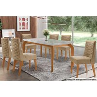 Sala de Jantar Completa Londrina c/ Tampo Madeirado c/ Vidro 180x90cm e 6 Cadeiras Dafne Capuccino/Linho Turim - Rufato