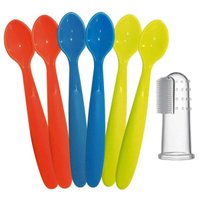Kit 6 Colheres Coloridas e Massageador de Gengiva Bebê Encaixe Dedo com Case Transparente Buba Introdução Alimentar