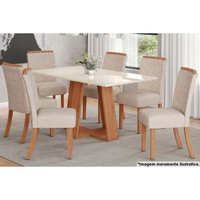Sala de Jantar Completa Lins c/ Tampo Madeirado c/ Vidro 160x90cm e 6 Cadeiras Malu Nature/Veludo Light Linho - Henn