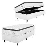 Cama Box Baú Colchão Solteiro Molas Ensacadas City Pillow Top 88x188x64cm Linho Branco / Preto Hellen