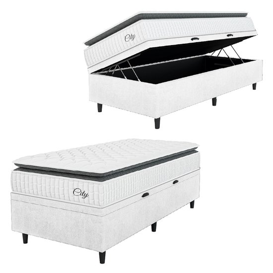 Cama Box Baú Colchão Solteiro Molas Ensacadas City Pillow Top 88x188x64cm Linho Branco / Preto Hellen