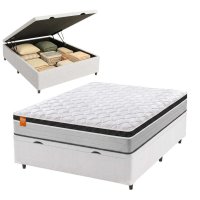 Cama Box Baú Colchão Casal Molas Ensacadas Real 138x188x68cm Linho Branco / Preto Inducol - Suporta até 130kg por Pessoa