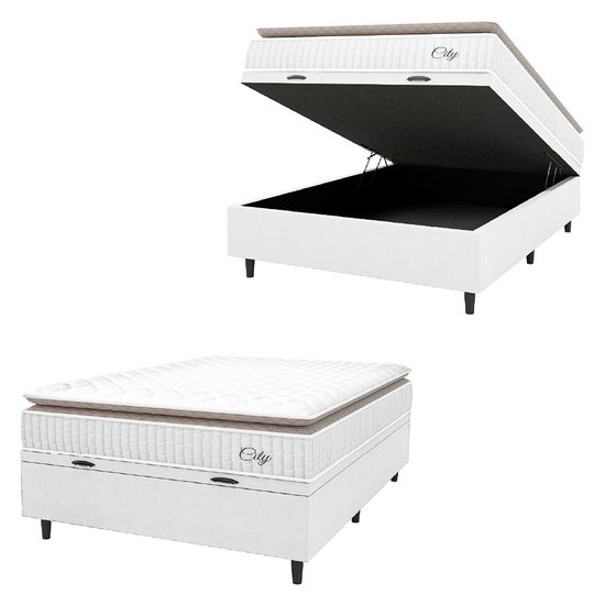 Cama Box Baú Colchão Casal Molas Ensacadas City Pillow Top 138x188x64cm Linho Branco / Bege Hellen