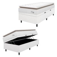 Cama Box Baú Colchão Solteiro Molas Ensacadas City Pillow Top 88x188x64cm Linho Branco / Bege Hellen