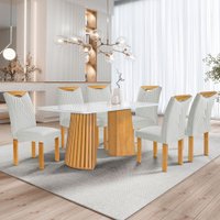 Mesa de Jantar 6 Lugares Stella com Vidro Ripado Cinamomo/Off White/Boucle Gelo - Cel Móveis