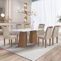 Mesa de Jantar 6 Lugares Stella com Vidro Ripado Chocolate/Off White/Boucle Bege - Cel Móveis
