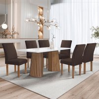 Mesa de Jantar 6 Lugares Stella Canela com Vidro Ripado Chocolate/Off White/Marrom - Cel Móveis