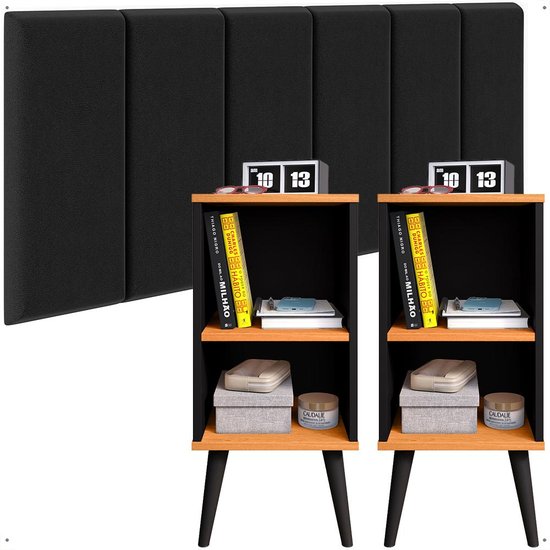Kit Quarto 2 Mesinhas Charme Preto/Cinamomo Nicho Prateleira Cabeceira Suspensa Julia Preto Suede 1,40 Cama Casal Box