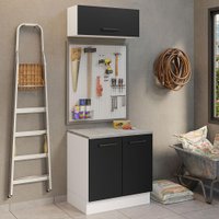 Kit com Balcão e Armário Aéreo Multiuso 80cm Branco/Preto Agata Madesa