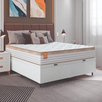 Cama Box Baú Colchão Casal King Molas Ensacadas Real 193x203x68cm Branco / Bege Linho Inducol