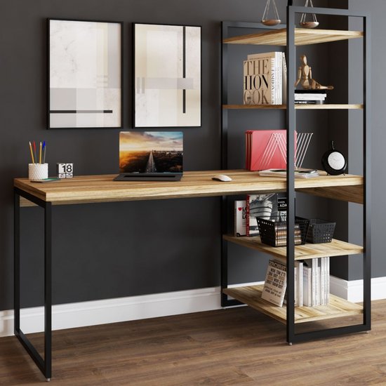 Mesa Escrivaninha Estilo Industrial Aço 4 Prateleiras Carvalho/Preto - Panorama Móveis