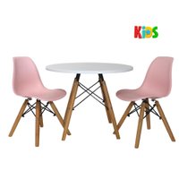 Kit Mesa Redonda Branca 60cm + 2 Cadeiras Charles Eames Eiffel Infantil Kids Rosa Claro