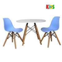 Kit Mesa Redonda Branca 60cm + 2 Cadeiras Charles Eames Eiffel Infantil Kids Azul Claro