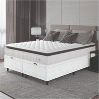 Cama Box Baú Colchão Casal King Molas Ensacadas City Pillow Top 193x203x64cm Linho Branco / Cinza Hellen