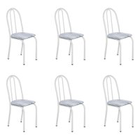 Kit 6 Cadeiras de Cozinha Califórnia Estampado Linho Prata Pés de Ferro Branco - Pallazio