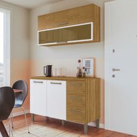 Armário de Cozinha Completa Com Balcão Ametista Kits Paraná 4 Portas 3 Gavetas 1,20m Vidro Reflecta