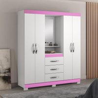 Guarda-Roupa Casal com Espelho 4 Portas 3 Gavetas Paris Notável Branco/Rosa