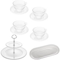 4 Xícaras de Chá Pires 180ml Travessa 30x15cm Prato 2 Andares para Doces Mesa Posta Coffee Break