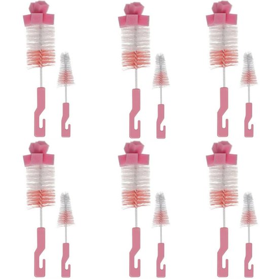 6 Kits de Escovas para Limpeza de Mamadeira e Bico Higienização Esponja Buba Rosa 