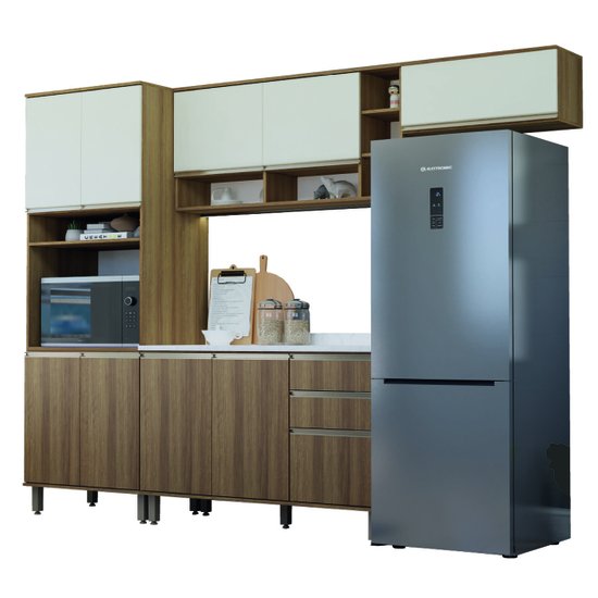 Armário de Cozinha Completa Com Balcão 10 Portas 2 Gavetas Nicho Para Micro Ondas Madeirado/Areia