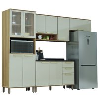 Armário de Cozinha Completa Com Balcão 10 Portas 3 Gavetas Com Vidro e Nicho Para Micro Ondas Madeir
