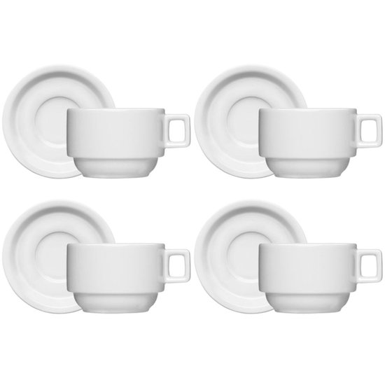 Jogo 4 Xícaras de Café Chá com Pires 100ml Bar Hotel Germer em Porcelana Branca