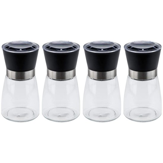 Kit 4 Moedor de Sal e Pimenta 170ml Lyor Vidro Moinho de Cerâmica e Tampa Plástica Preta