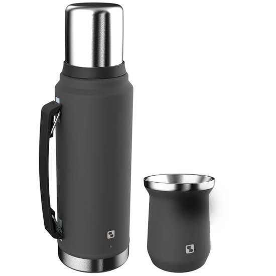 Kit para Chimarrão e Tererê Cuia Térmica 250ml e Garrafa Térmica 1 Litro Inox Everest Soprano Cinza