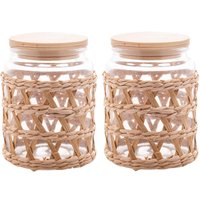 2 Potes Herméticos Vidro com Sisal Tampa Madeira Wolff 750ml Porta Mantimentos