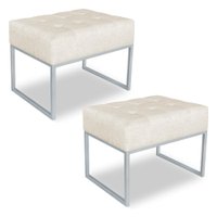 Kit 02 Puffs Lisa Linho Bege Base Metálica Industrial Prata - Pallazio