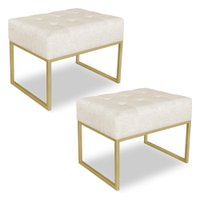 Kit 02 Puffs Lisa Linho Bege Base Metálica Industrial Dourado - Pallazio