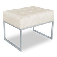 Puff Lisa Linho Bege Base Metálica Industrial Prata - Pallazio