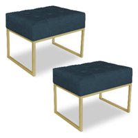 Kit 02 Puffs Lisa Suede Azul Marinho Base Metálica Industrial Dourado - Pallazio
