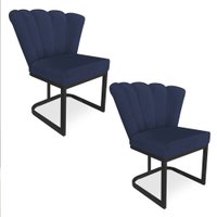 Kit 02 Poltronas Flor Veludo Azul Marinho Base Metálica Industrial Preto - Pallazio