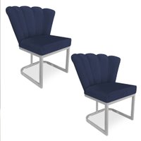 Kit 02 Poltronas Flor Veludo Azul Marinho Base Metálica Industrial Prata - Pallazio