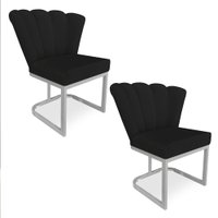 Kit 02 Poltronas Flor Veludo Preto Base Metálica Industrial Prata - Pallazio