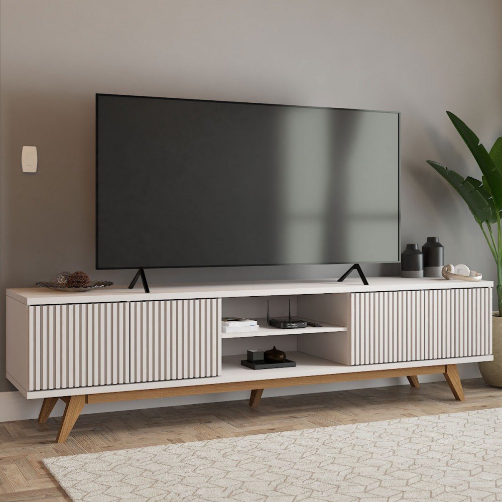 Rack para TV Até 75 Polegadas Silver 4 Portas 1 Prateleira Ripado ...