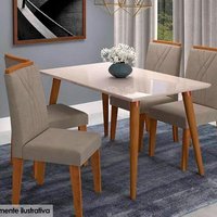 Conjunto Sala de Jantar Adele Madeira Maciça Tampo Madeirado c/Vidro 130X80cm e 4 Cadeiras Nicole Mad/OW/Pluma-Cimol