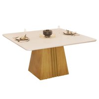 Mesa de Sala Jantar Itália c/Tampo Madeirado Vidro Curvo 136x136cm Cedro/Off White - DJ Móveis