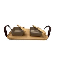 Bandeja de bambu com alça couro 2 petisqueiras - 2 espatulas