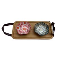 Bandeja de bambu com alça couro 2 petisqueiras mini bowl