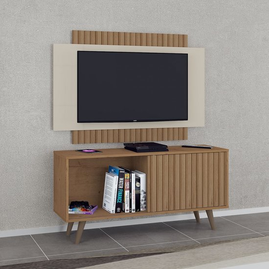 Rack com Painel Málaga para TV Até 50 Polegadas Ripado 1 Porta Flex Canelato/Natura/Off White - Atualle Móveis